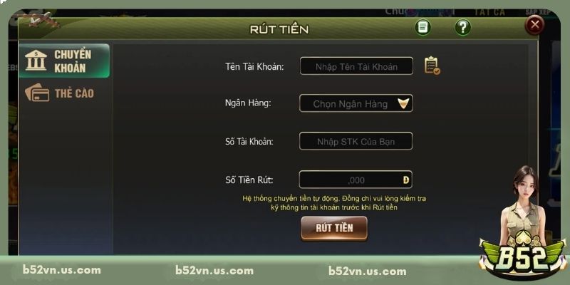 Rút tiền B52 nhanh chóng qua chuyển khoản